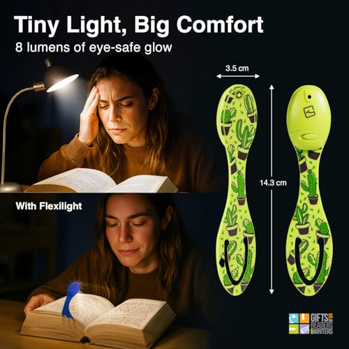 Image of Gifts for Readers & Writers Book Light, Clip On Reading Light for Bed, 2in1 Flexilight & Bookmark, Small & Lightweight with a Soft Glow, 2 Batteries Included, Cactus