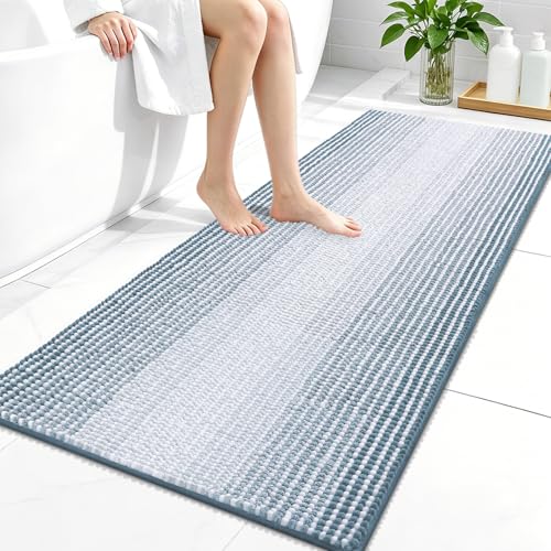 Image of OLANLY Bathroom Runner Rugs 47x24, Extra Soft Absorbent Chenille Striped Bath Rugs, Rubber Backing, Machine Wash Dry, Long Bath Mats for Bathroom, Tub, Shower, Home Decor Accessories, Airy Blue
