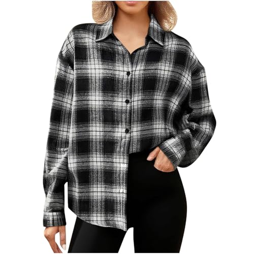 AEGJEGVD Women's Flannel Shirt,Checked Long Sleeve Lapel Button Down Tartan Shirts with Pocket,Ladies Office Work Plaid Blouses Fall Winter Casual Loose Warm Jackets Boyfriend Tops Coats Size 8-16