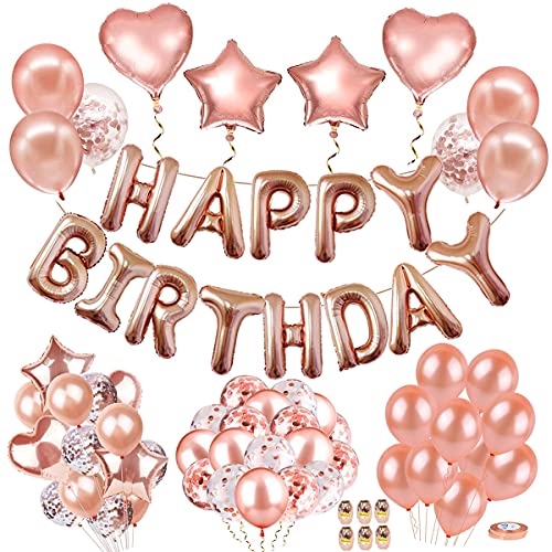 AIBEE 56pcs Birthday Party Decorations,Rose Gold Happy Birthday Balloons Banner,Fringe Curtain Foil Tablecloth Heart Star Foil Confetti Balloons for Man Women Birthday Party