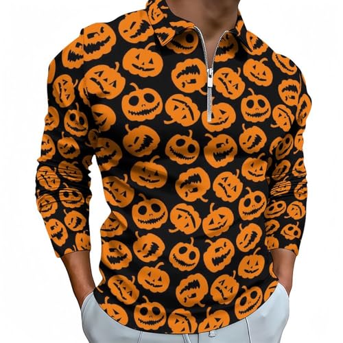 Polo à manches longues Halloween imprimé citrouilles fermeture éclair décontracté