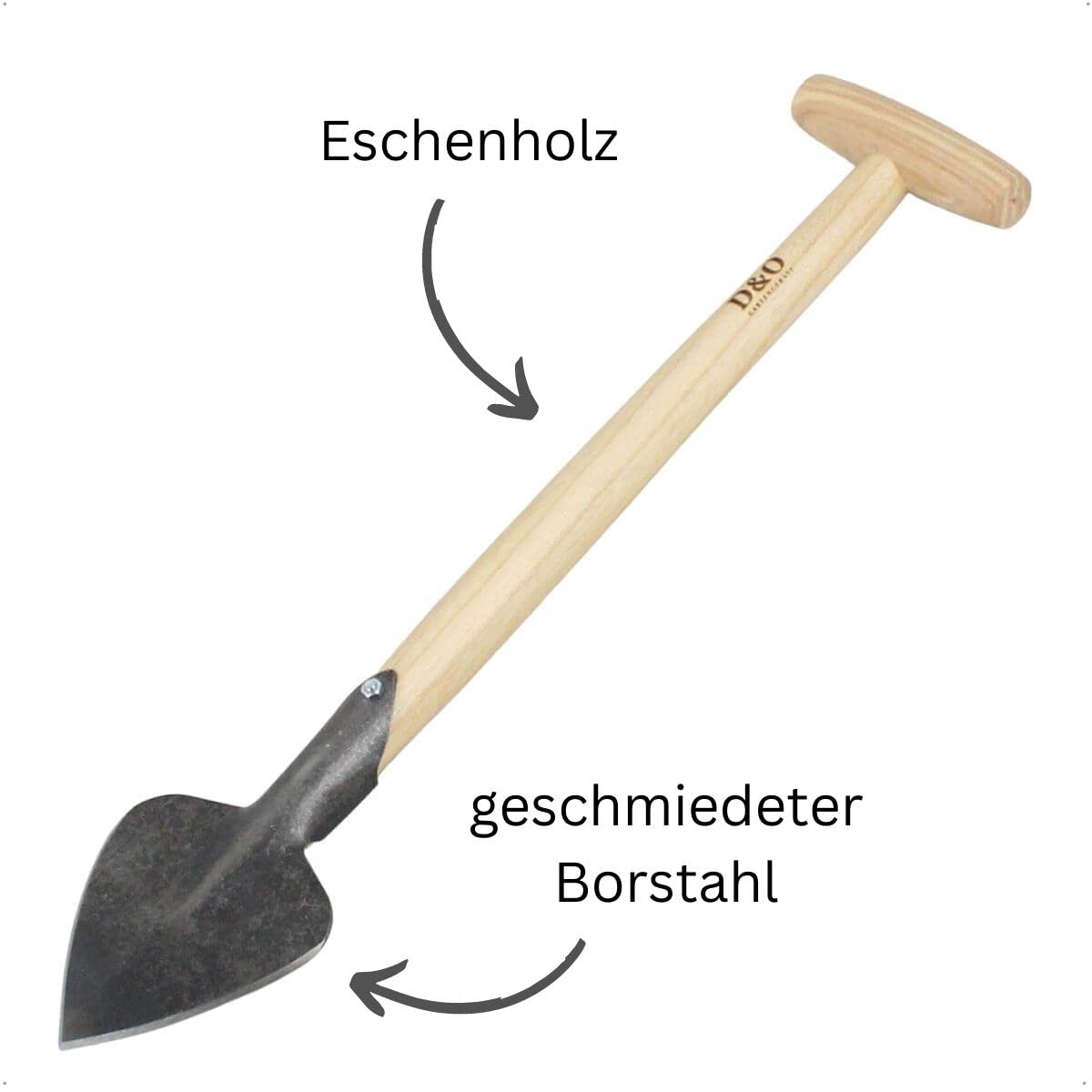 D&O - Staudenspaten aus Borstahl Beetspaten & Blumenkelle mit T-Stiel 53cm | Geschmiedeter Gartenspaten mit Eschenstiel zum Ausstechen von Wurzeln und Pflanzen in dichten Beeten, Blatt angeschliffen