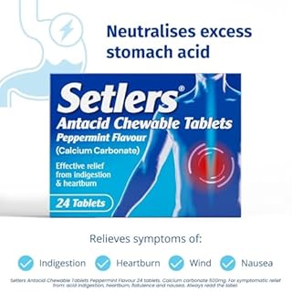 Setlers Antacid Chewable Tablets, Peppermint Flavour, 24 Pack, Contains Calcium Carbonate, Effective Relief from Indigestion and Heartburn, Tackles Acid Reflux
