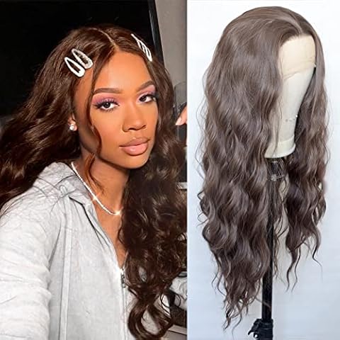 Luwigs Dark Brown Lace Front Wig Curly Wave Synthetic Replacement Wigs Pre Plucked Loose Curly Lace Wigs Chocolate Brown Natural Hairline 22inch Cover