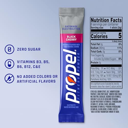 Image of Propel Electrolyte Powder Drink Mix, Black Cherry, (32 Servings), Zero Sugar, Enhanced Water Beverage, Gatorade Electrolytes, Vitamins, No Added Colors, No Artificial Flavors, Hydration