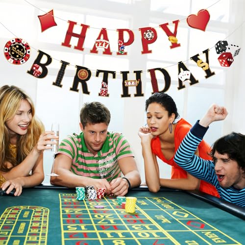 Image of Casino Happy Birthday Banner Casino Theme Birthday Decorations Poker Game Party Banners Garland for Las Vegas Themed Poker Game Night 21st Birthday Party Supplies