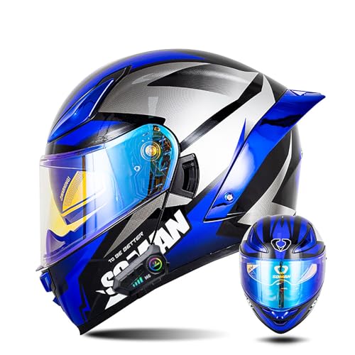 Frcychri Casque Moto Modulable Intégral Bluetooth, ECE Homologué Double Visière, Lunette De Sécurité, Rabattable Design Arrière pour Hommes Et Femmes Adultes 15,Small