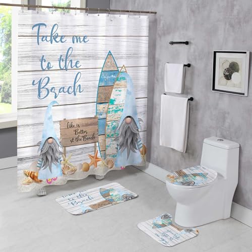 Moladika 4 Pcs Summer Gnomes Shower Curtain Sets with Rugs Funny Gnomes Taking Surfboard on Beach Wooded Bathroom Set Home Bath Bathtub Decor Durable Curtains Mats for Bathroom Decor 72 x 72 Inch