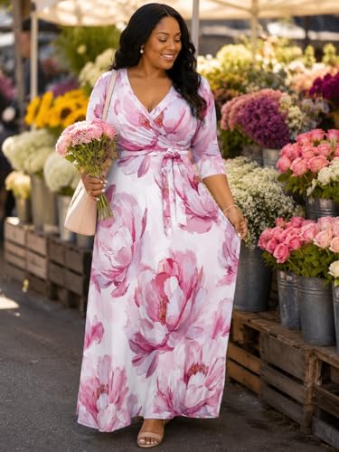 Image of SUZONANA Plus Size Dresses for Women Floral Print Maxi Dress Flowy 3 /4 Sleeve with Belt