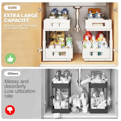 Image of Under Sink Organizer, 2-Tier Dual Pull Out Cabinet Organizer Drawers With Smooth Circular Rail, Large Capacity Metal Mesh Sliding Shelves For Bathroom& Kitchen Storage,Height Adjustable-White,1 Pack