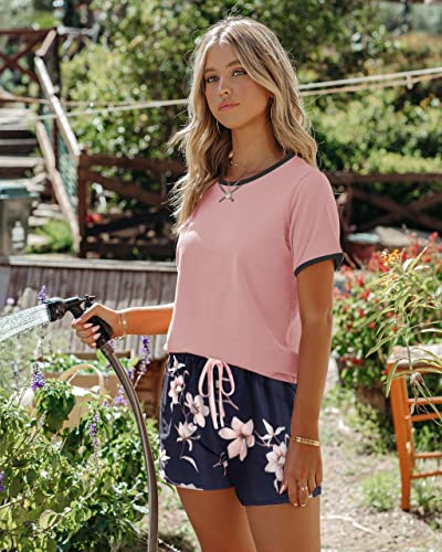 Image of Ekouaer Women Pajama Set Casual Shorts Sets Short Leeve Lounge Set | Soft Sleepwear Top and Shorts for Daily Wear, Home, Party for Mom, Wife