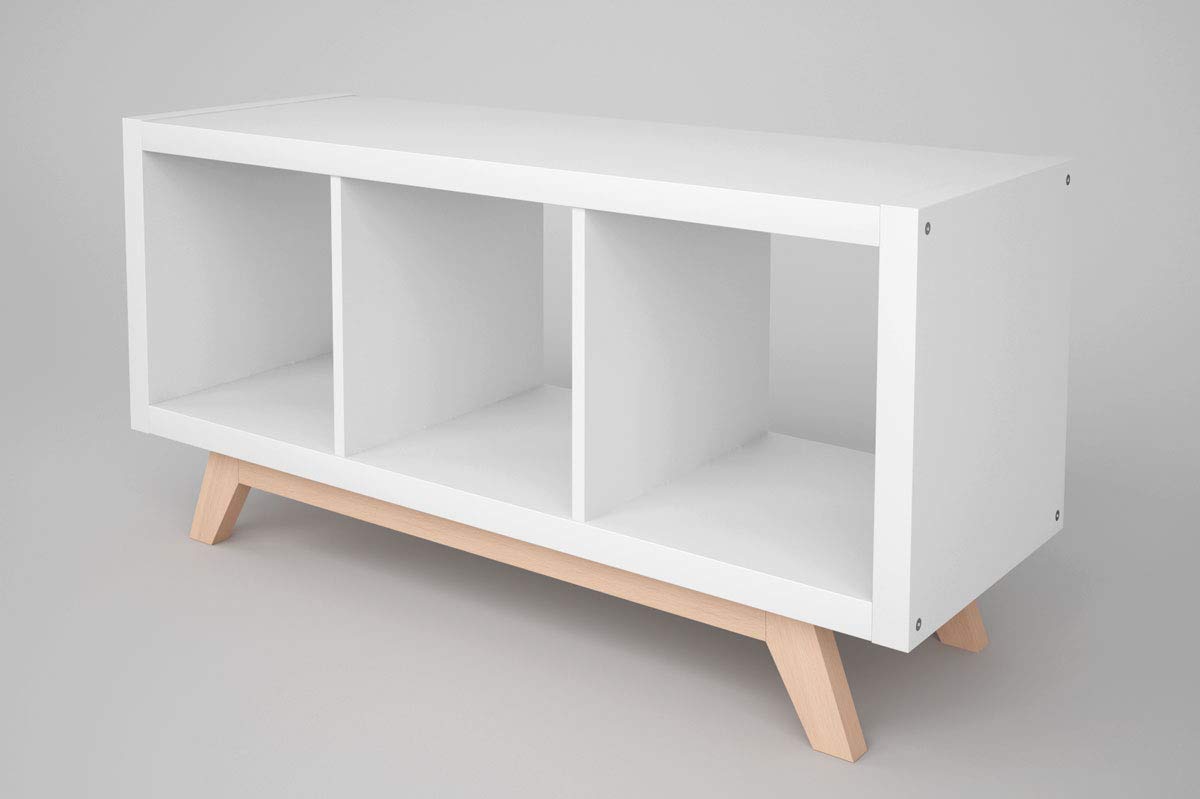 Kallax Regal Untergestell, Holzgestell aus echter massiver Buche, für Kallax-Breite: 3 Regalfächer, schräge Möbelfüße, Füsse f. Sideboard Lowboard skandinavisch