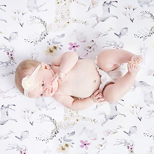Image of Oilo Crib Sheet, Breathable 100% Turkish Cotton Fitted Jersey, 300 Thread Count, Machine Wash, Fits Standard Crib (28 inch x 52 inch x 6 inch), Toddler Bedding, Girl, Boy, & Neutral Nursery Design, Woodland Fawn