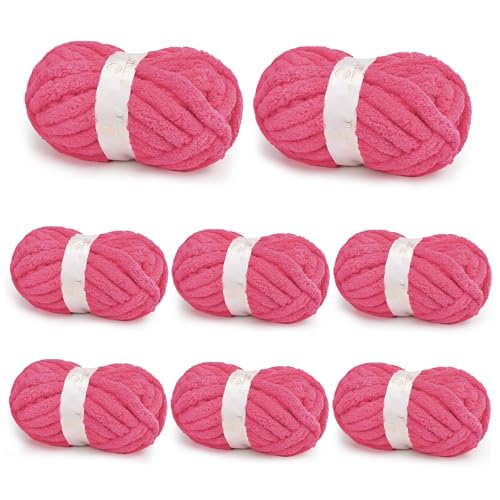 BATELO Chunky Yarn for Hand Knitting Chunky Chenille Blanket Yarn for Crocheting Bulky Soft Fluffy Chenille for Blanket Project 8 Pack of 8oz/25yds Hot Pink