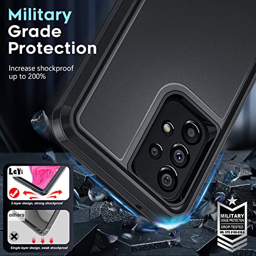 Leyi Galaxy A53 5G Case, 3-In-1 Rugged Defender Protection With 2 Tempered Glass Screen Protectors, Shockproof & Dustproof - Black #TOP3