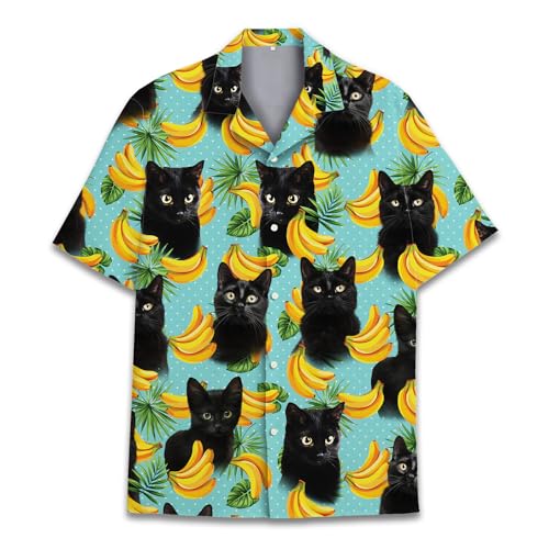 HIHI GLOBAL Tropical Cat Hawaiian Shirts Men Women, Black Cat Shirt Mens Casual Shirt Button Down Cat Lover Gifts Shirt, X-Large