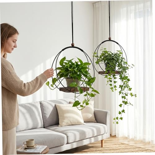 Support de plante suspendu boho x2 en bois et fer réglable pour intérieur