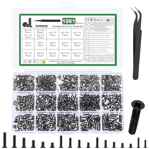 1060 Pcs Small Laptop Screws Kit, Micro Flat Head Phillips Countersunk Bolts, Replacement Computer Screws Assortment Kit for Electronic SSD Hard Disk PC Screw, M1.4 M1.7 M2 M2.5, with Tweezers