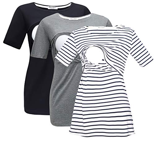 Bearsland Women s 3 Packs Maternity Nursing Tops Short Sleeve Breastfeeding Shirts,blackgreyblawhitestrip,L
