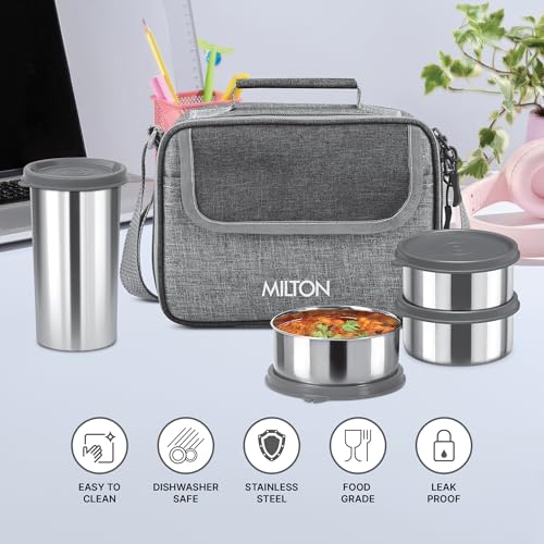 Image of MILTON Daily Meal Lunch Box with Unisex Bag, 3 Stainless Steel Containers 300 ml Each & Tumbler 400 ml, Leak-Proof Tiffin for Office, College, Picnic, Grey