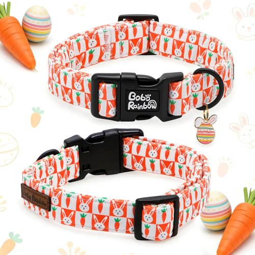 Image of Dog Collars, Easter Orange Carrot Rabbit Print Pet Collar Holiday Cute Durable Adjustable Pendant Gift Collar with Quick Release Plastic Buckle for Large Dogs