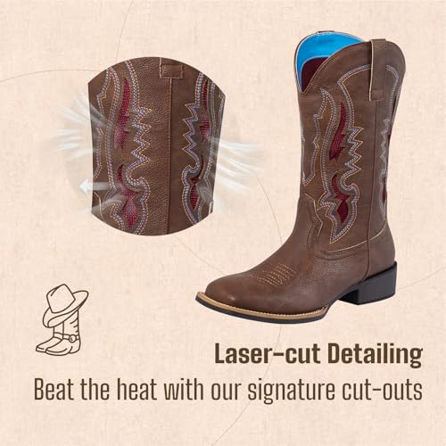 Image of J's.o.l.e Womens Western Boots - Cowboy Boots for Women Square Toe Wide Calf, Breathable CutOut Cowgirl Boots Women with Pull-On & Western Low Block Heel, Lightweight Comfort for Everyday Style