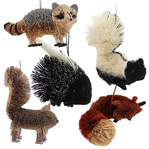 Kurt Adler S0731 5 Assorted Buri Woodland Animal Fox, Skunk, Raccoon, Squirrel And Porcupine Christmas Ornaments