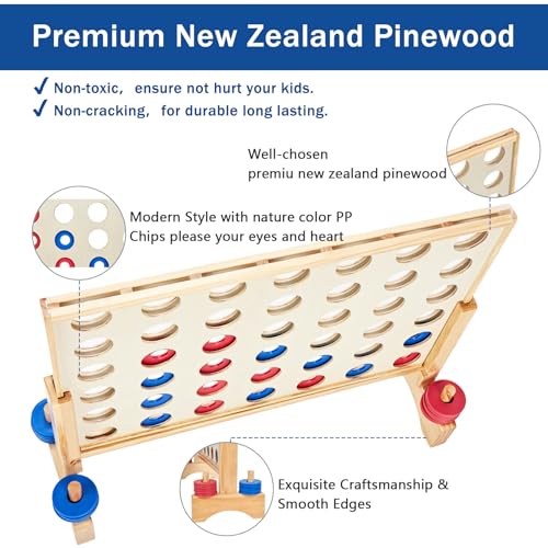Image of Giant 4 in a Row Game, Wooden 2.8Ft Outdoor Yard Game for Family | New Zealand pine wood made, Non-toxic, 42 PE chips, Sturdy canvas bag. Backyard lawn game for family BBQ, tailgating, party