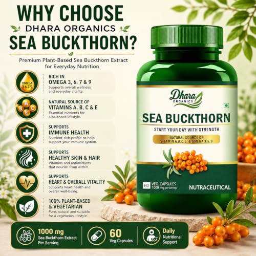 Image of Sea Buckthorn Capsules 1000mg Per Serving | Sea Buckthorn Extract | Natural Source of Vitamin A, B, C & E | Omega 3, 6 & 9 | Plant Based Antioxidant Supplement | Daily Wellness Support | 60 Veg Capsules for Men & Women