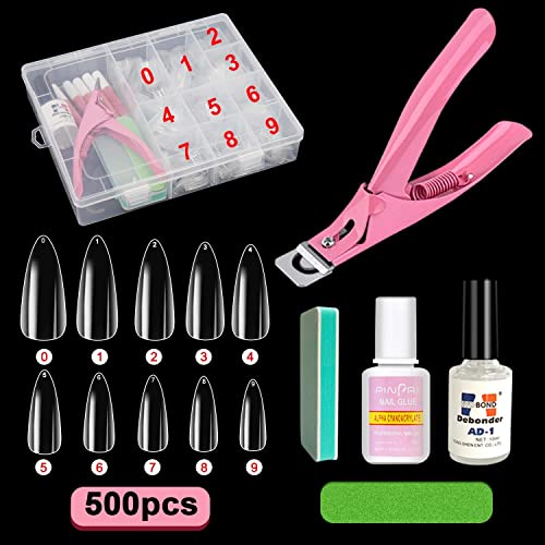 Acrylic False Nail Tips Kit, Screpreti 500 PCS Natural Full Cover Clear Fake Nails Tips with Nail Glue, Nail Clipper, Nail Glue Remover, Nail File, Sponge Polishing, Storage Case