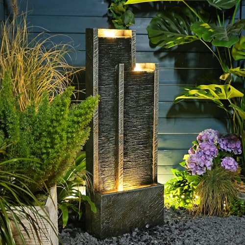 Image of 35 inch Modern Double Column Waterfall Fountain Outdoor Garden