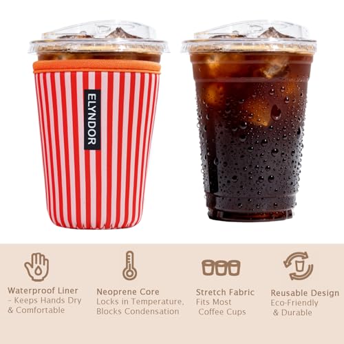 Image of Reusable Insulated Sleeve for Iced Coffee Cup, Coffee Neoprene Sleeve for Cold & Hot Drinks, Beverage Holder for Iced Coffee (Red Stripes, Large: 32oz)
