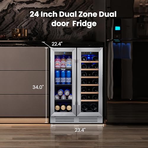 Image of Yeego Wine and Beverage Refrigerator, 24 Inch Dual Zone Wine Fridge, Built-in or Freestanding Wine Cooler with Glass Doors, Under Counter Drink Fridge for Wine /Beer /Soda /Water