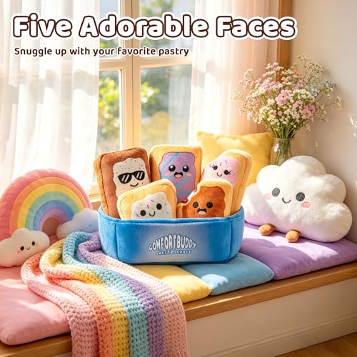 Image of Emotional Support Plush Pop Tarts Set Friendship Gifts, 5 Soft Squishy Pop Tarts Stuffed Animal with Carrying Basket, Cute Cuddly Gifts for Friend Bestie, Stress Relief Funny Gifts (Pop Tart)