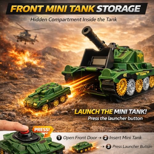 Image of TEC TAVAKKAL Battle Breakers Toy Military Tank for Kids with Mini Tank Launcher, 360 Rotating Turret & Adjustable Cannon | Action Battle Toy Vehicle with Moving Wheels for Kids (Green)