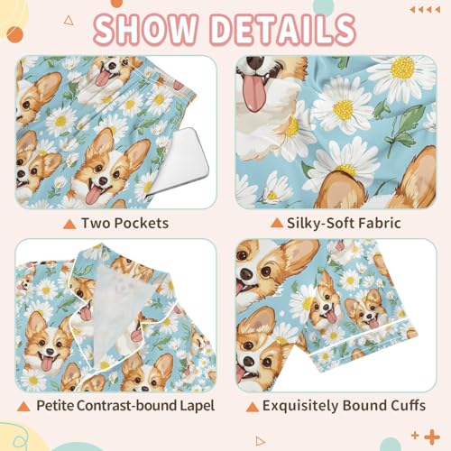 senya Cute Blue Daisy Dog Aa Satin Summer Pajama Sets Silk Short Sleeve Button Down Sleepwear3