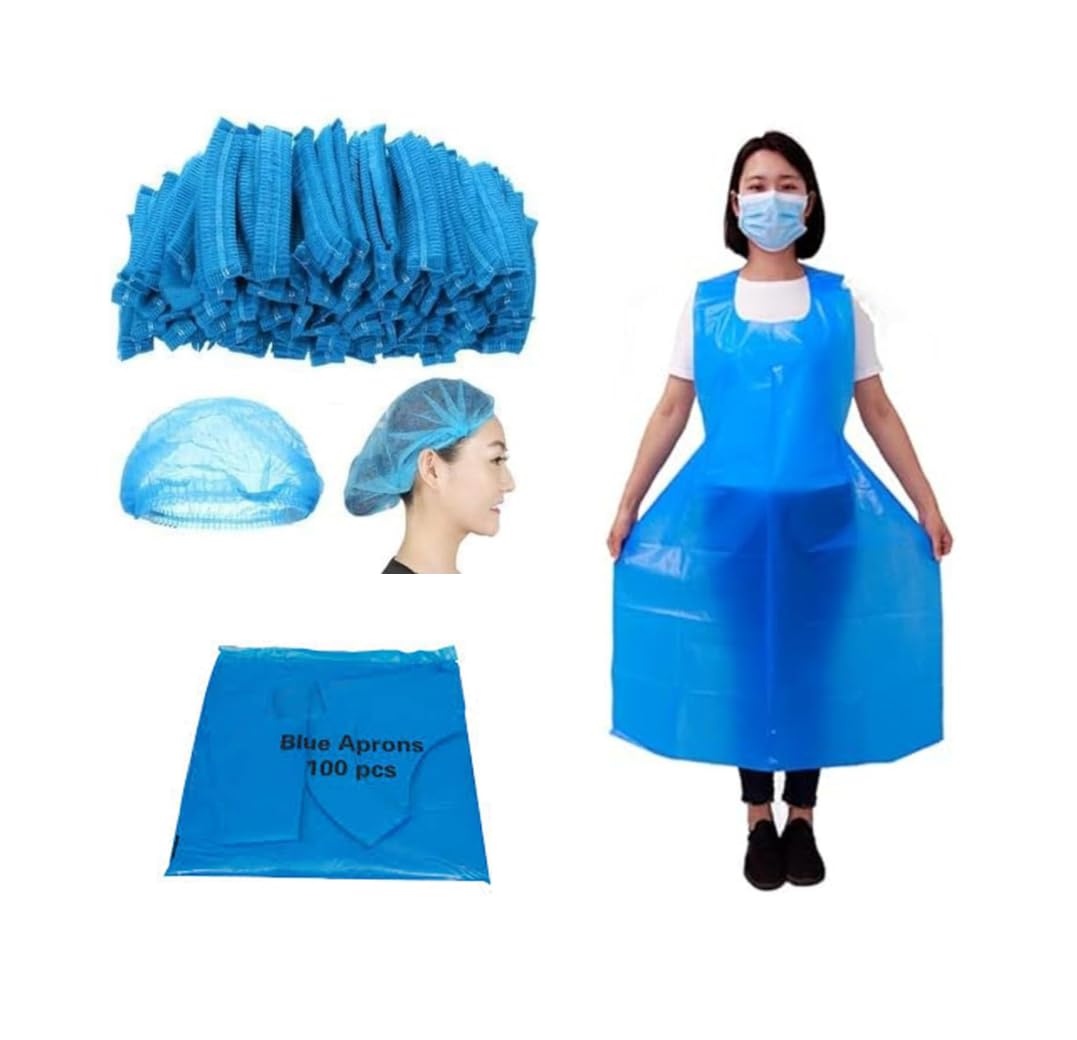 Hot Bargains Unisex Blue 100 X Disposable Hair Nets + 100 X Aprons Combo Pack Non Woven Surgical Caps 21 Inch And Apron For Cooking, Medical And Parlors