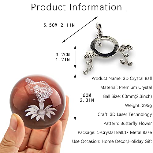 HDCRYSTALGIFTS 3D Laser Crystal Butterfly Flower Figurine Crystal Decorative Ball Paperweight with Silver-Plated Flowering Stand Glass Sphere Home Decor Gift (60mm,2.4inch) - Image 2