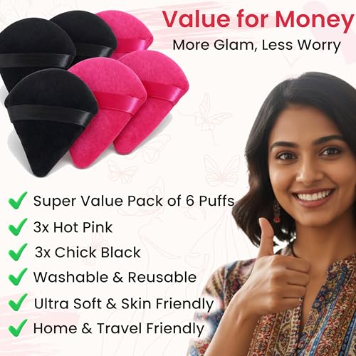 Image of TEMPERIA (6 Pcs) Powder & Makeup Puff for Women - Face Foundation Triangle Pizza Puff Blender Sponge Set - Smooth Coverage | Ultra Soft | Travel Friendly | Reusable (Random Colors) (FF207)