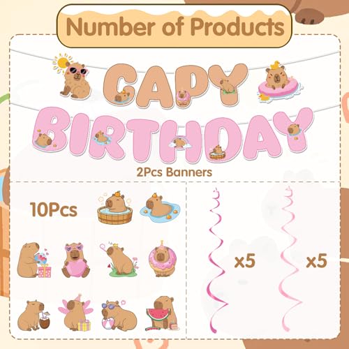 Image of Capybara Birthday Party Decorations - 12 Pcs Pink Capy Birthday Party Banner Hanging Swirls Decorations, Cute Animals Theme Decor Supplies for Boys Girls Capybara Lover