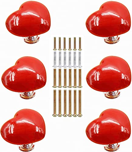 6 Pièces Bouton de Meuble en Céramique en Forme de Cœur - Boutons de Portes pour Placards - Poignée de Meuble Cuisine avec 4 Tailles de Vis, 38 x 32 x 32...