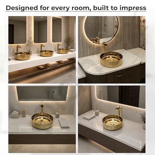 Image of Plantex Ceramic Washbasin /Tabletop Wash Basin /Countertop Vessel Sink for Bathroom /Livingroom Decor - Indo-European Collection (Gold -14.4 x 14.4 x 5 Inch)