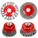 Wire Wheel Brush Set for 4-1/2' Angle Grinders, 3 & 4 Inch, 5/8-11 Thread, Knotted & Crimped Wire, 4-Pack,for Removing Rust, Paint,Corrosion, Burrs, Scales