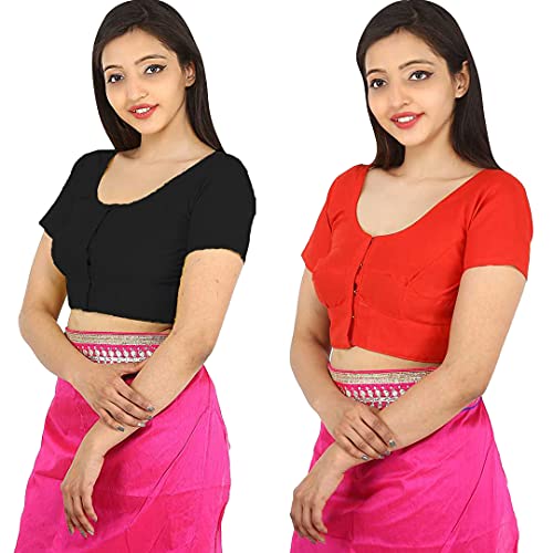 Image of Namita Women's Rubia Cotton Half Sleeve Readymade Blouse (U-COT-COM-2-BLACK-RED-32 Black, Red 32)
