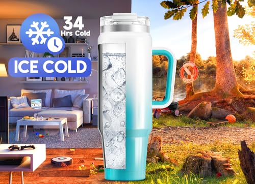 Image of Meoky 40 oz Tumbler with Handle and Straw, Insulated Tumbler with Lid and Straw, Stainless Steel Travel Mug, Keeps Cold for 34 Hours, 100% Leak Proof, Fits in Car Cup Holder (Azure)