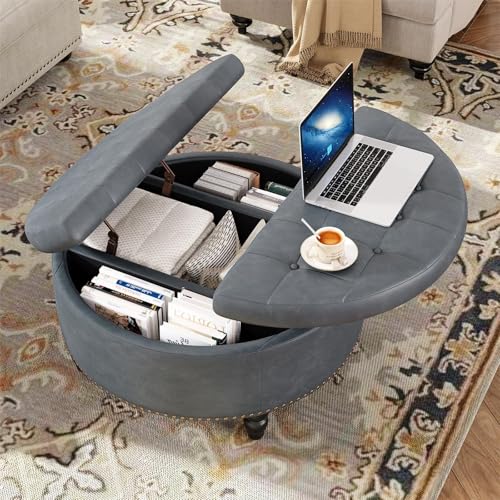 Vabches 30 Inch Round Storage Ottoman,Modern Button Tufted Coffee Table with Lift Top, Large Round Leather Ottoman Upholstered Footrest Stool Toy Blanket Storage for Living Room, Gray