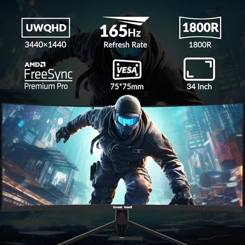 34 Inch Gaming Monitor Curved 165Hz UWQHD 3440x1440, Ultrawide Monitor, 1500R, 1Ms, 99% sRGB, HDMI 2.0, DP 1.4, FreeSync, HDR, Anti-Blue Light Eye Protection, VESA, Can Be Tilted - Image 3