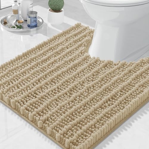 Image of Arotive Luxury Toilet Rugs U-Shaped 24x24, Extra Soft Thick Absorbent Shaggy Chenille Bath Rugs, Machine Wash Dry, Bath Mat for Toilet Base, Tub and Shower, Home Decor Accessories, Beige