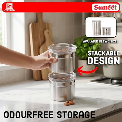 Image of Sumeet ISI Certified Stainless Steel Small Canisters /Dabba /Storage Containers for Kitchen with See Through Air Tight Lid - Set of 2 Pcs - 550ml, 10cm Dia, Silver
