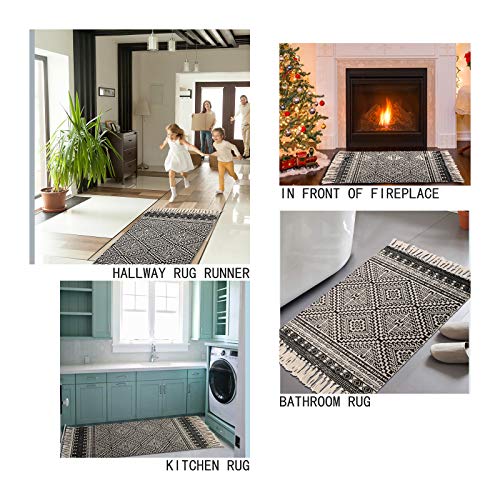 Famibay Cotton Boho Rug 2X3+2X4.2Ft Black And Cream Diamond Symmetry Kilim Printed Woven Area Throw Rug With Tassels Accent Small Boho Rug For Entryway Laundry Bedroom Dorm thumb #6